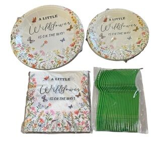 Floral Party Supplies Set - Green and Multicolor serves 24 guests 96 total pcs